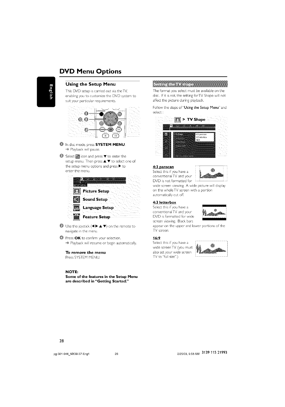 Using the setup menu, 1 panscan, 1 letterbox | Note, Dvd menu options | Philips - MX3950D User Manual | Page 28 / 48