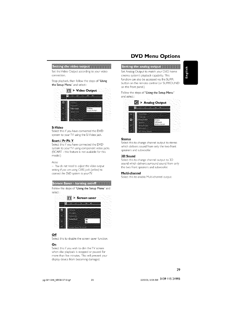 S-video, Scart / pr pb y, Stereo | 3d sound, Multi-channel, Dvd menu options | Philips - MX3950D User Manual | Page 29 / 48