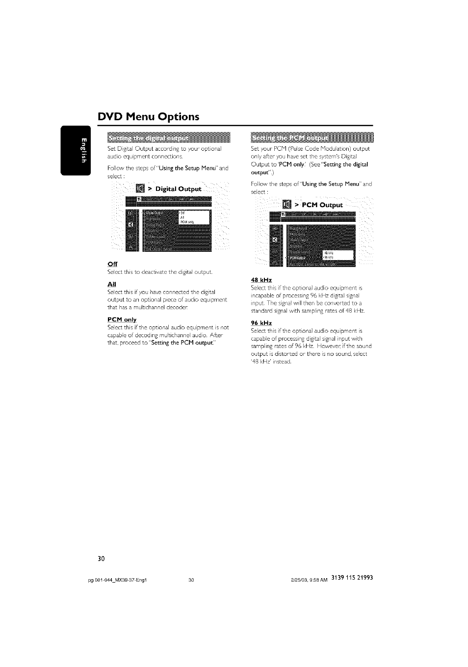 Pcm output, Dvd menu options | Philips - MX3950D User Manual | Page 30 / 48