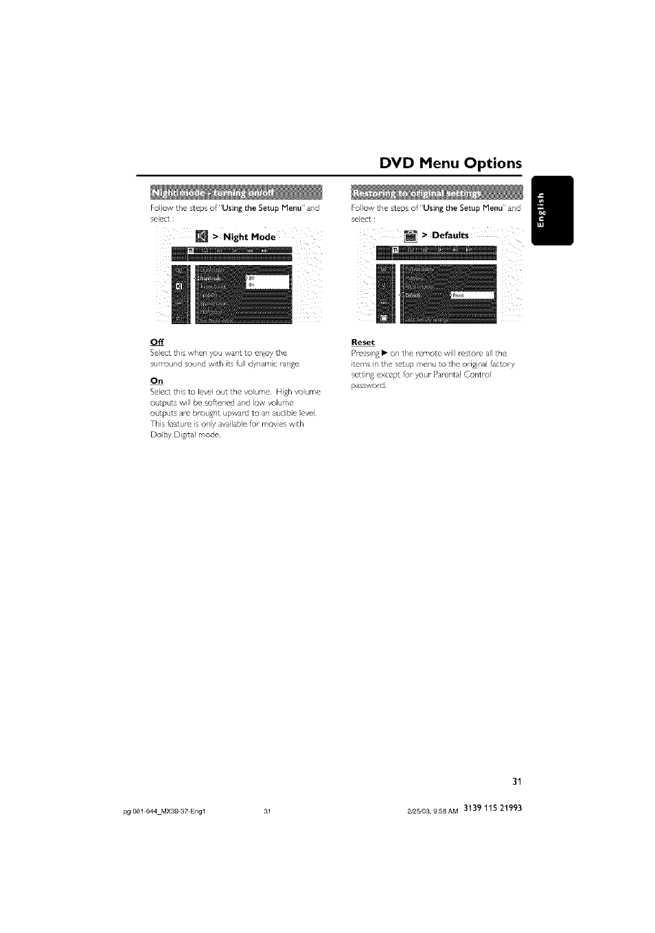 Reset, Dvd menu options | Philips - MX3950D User Manual | Page 31 / 48