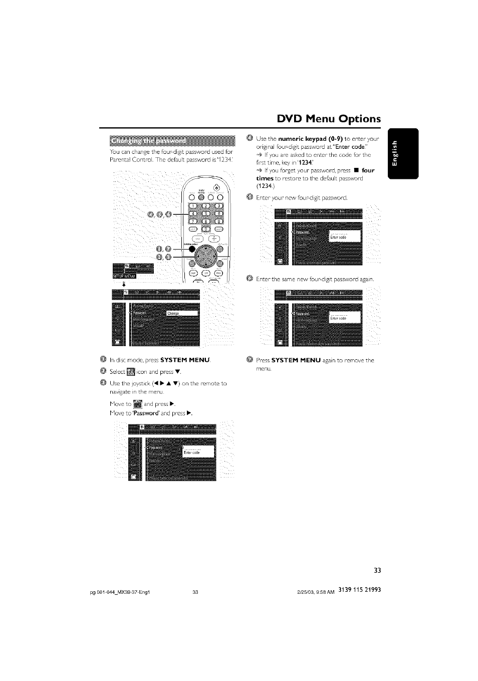 Changing the password, Dvd menu options | Philips - MX3950D User Manual | Page 33 / 48