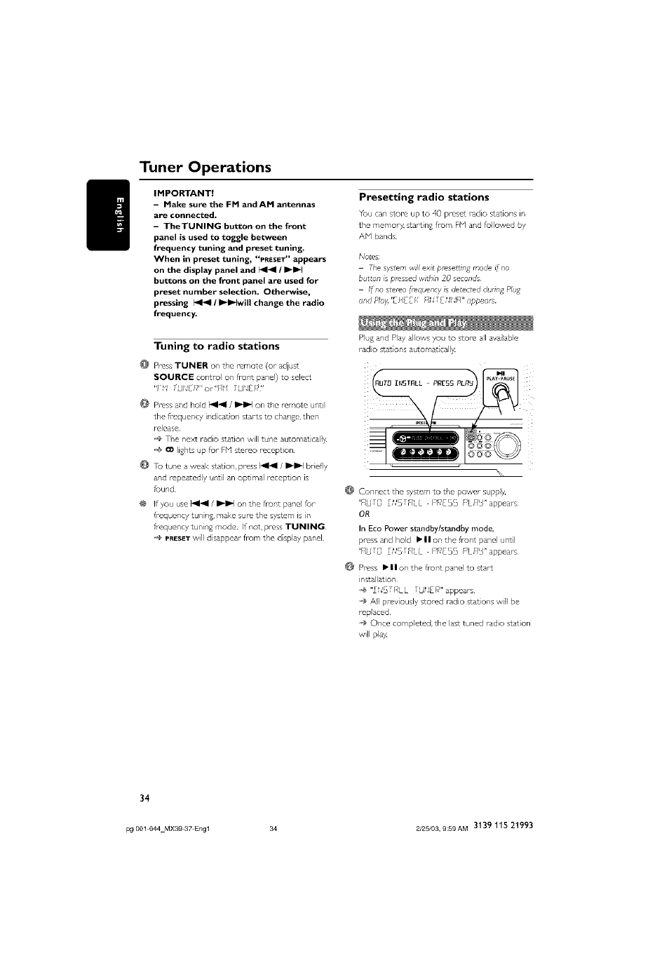 Important, Presetting radio stations, Tuning to radio stations | Tuning to nadio stations, Tuner operations | Philips - MX3950D User Manual | Page 34 / 48