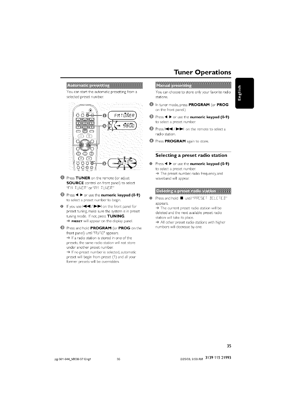 Selecting a preset radio station, Selecting a pneset radio station, Tuner operations | Philips - MX3950D User Manual | Page 35 / 48