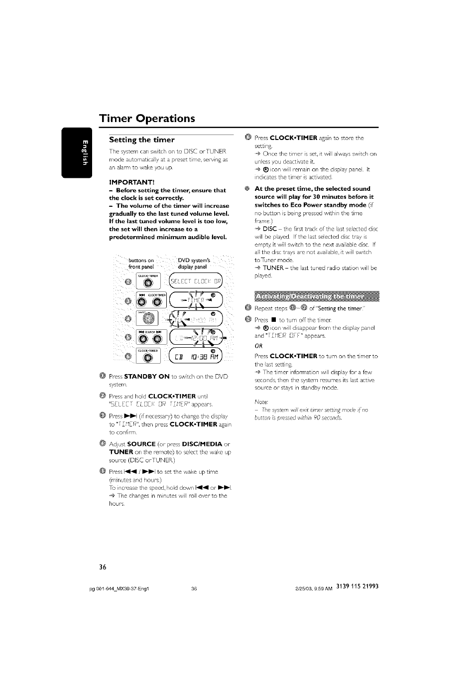 Setting the timer, Timer operations, O' 'o | Philips - MX3950D User Manual | Page 36 / 48