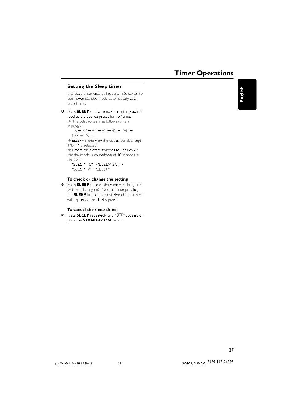 Setting the sleep timer, To check or change the setting, To cancel the sleep timer | Timer operations | Philips - MX3950D User Manual | Page 37 / 48