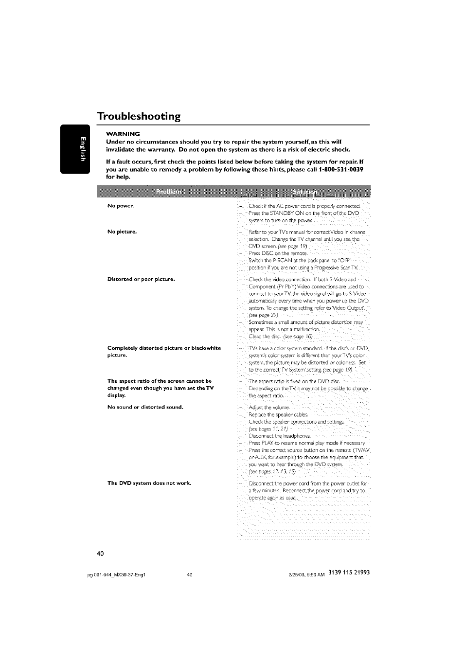 Warning, Troubleshooting | Philips - MX3950D User Manual | Page 40 / 48