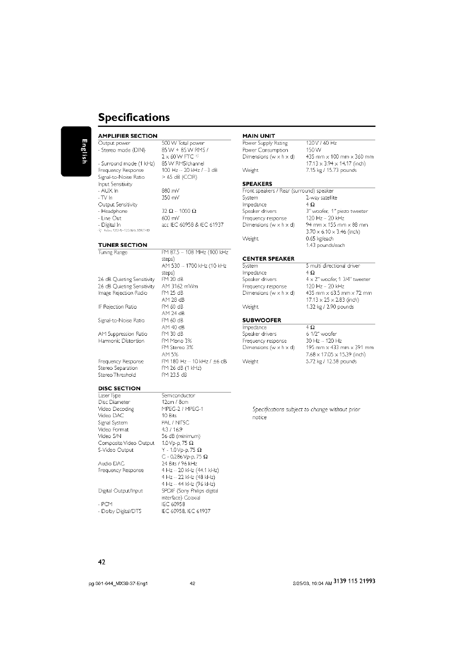 Specifications | Philips - MX3950D User Manual | Page 42 / 48