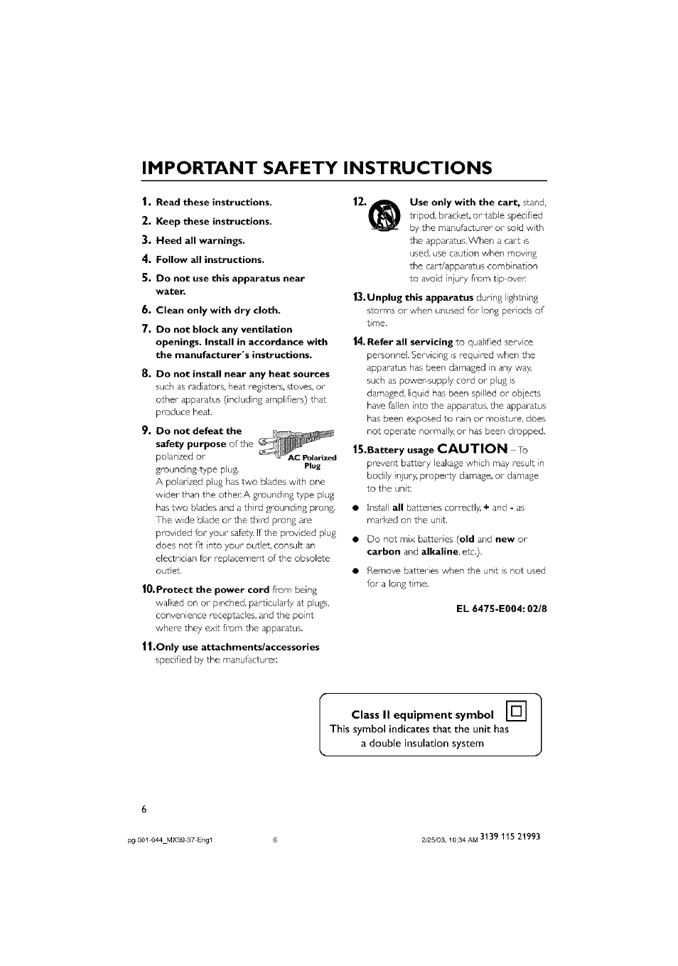 Important safety instructions, Caution | Philips - MX3950D User Manual | Page 6 / 48