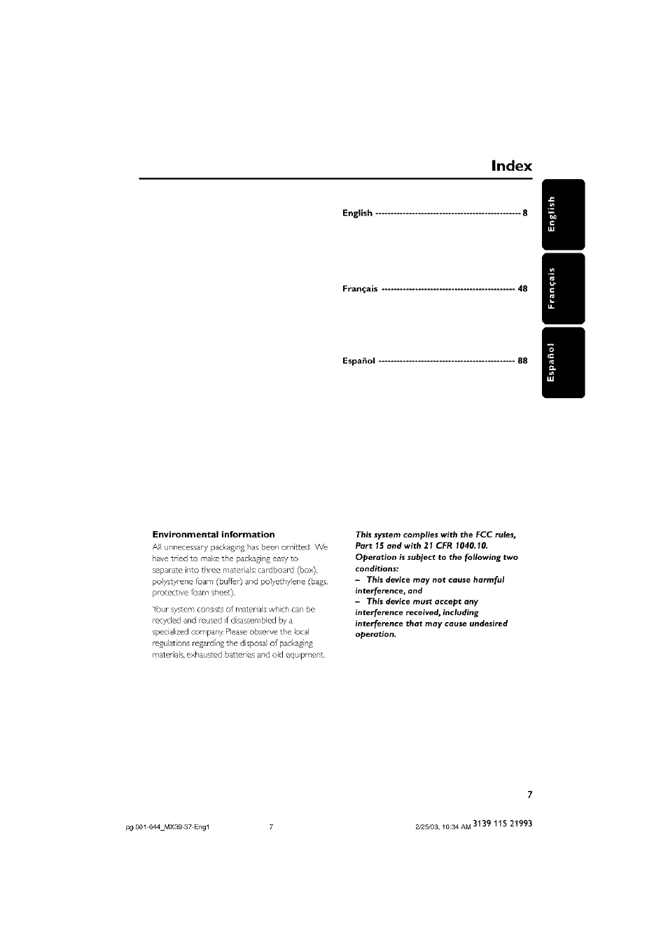 English, Français, Español | Environmental information, Index | Philips - MX3950D User Manual | Page 7 / 48