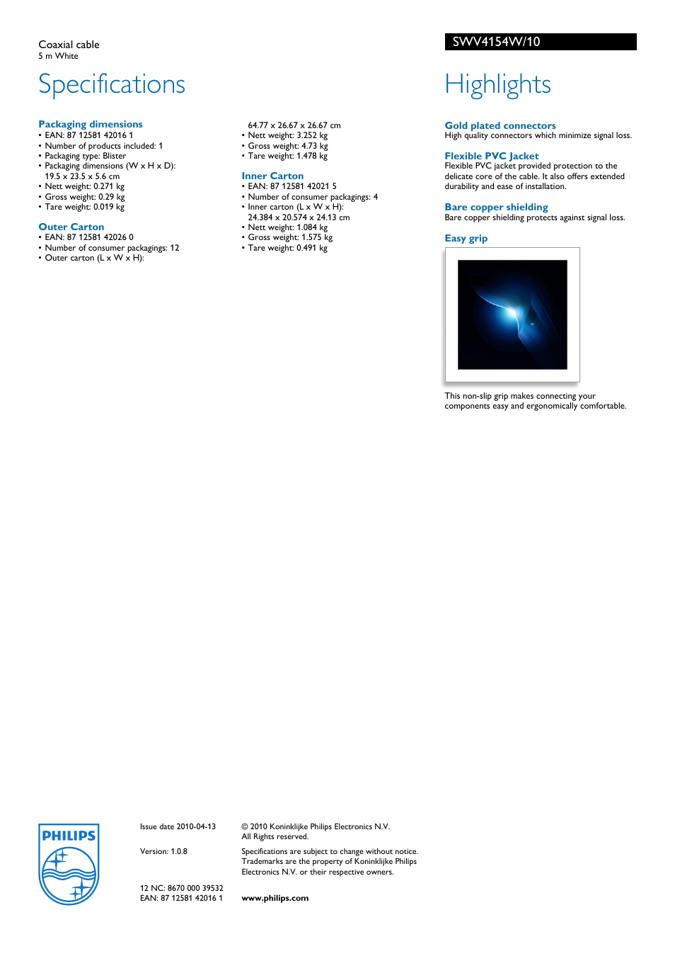 Specifications, Highlights | Philips 5 m SWV4154W/10 User Manual | Page 2 / 2
