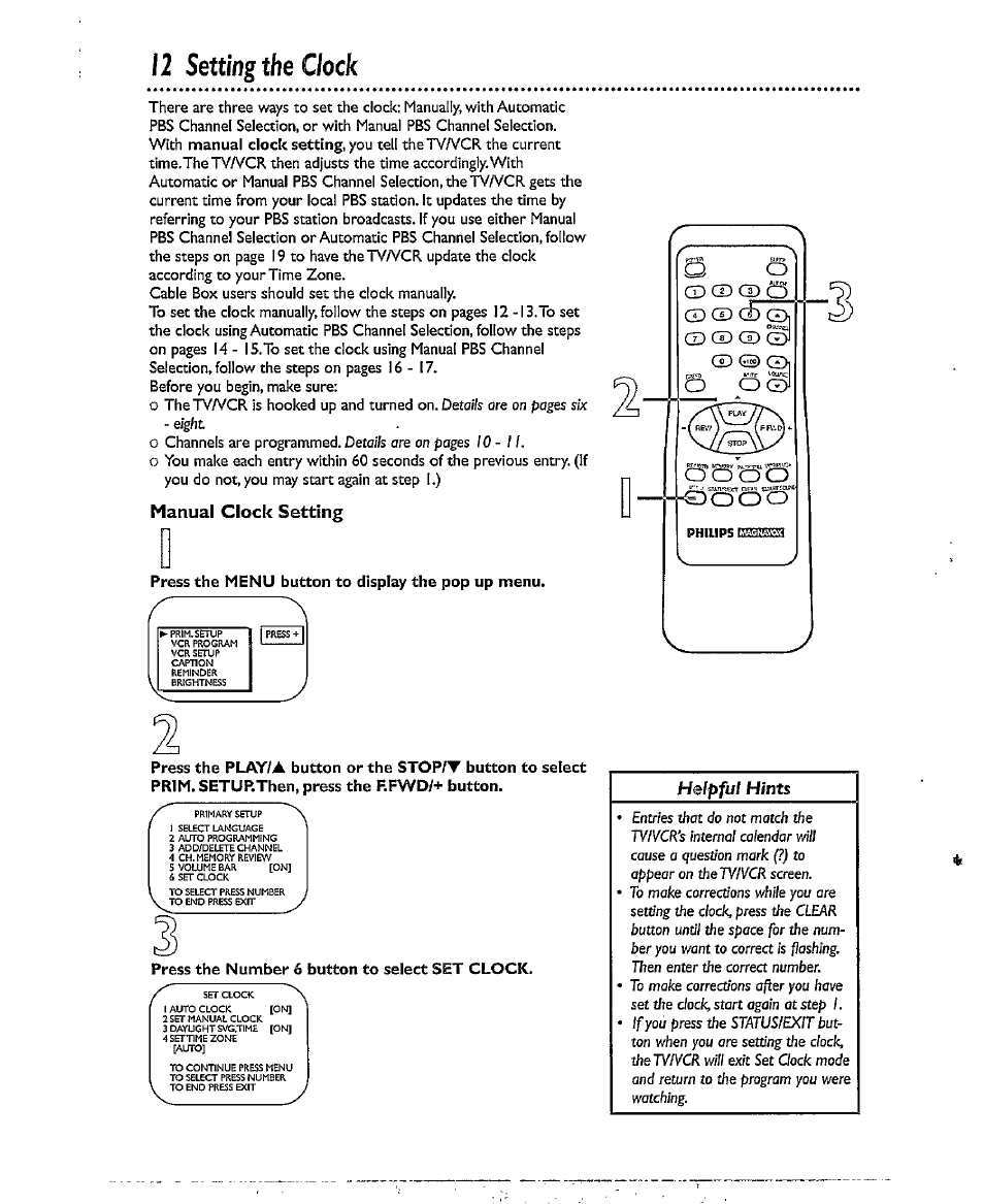 12 setting the clock, Setting the clock 2 - 1 7, Manual clock setting | Philips CCX193AT User Manual | Page 12 / 56