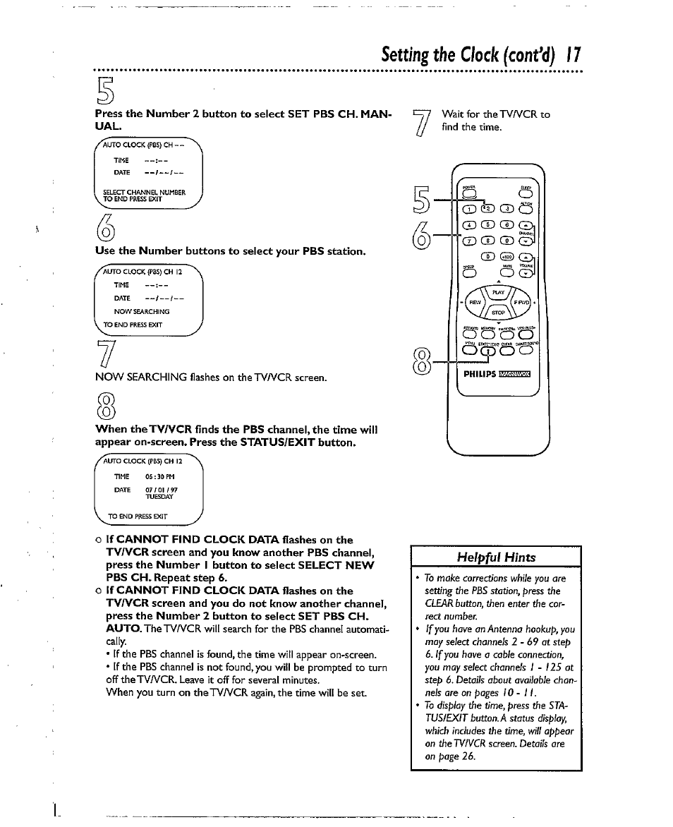 Use the number buttons to select your pbs station, Setting the clock (cont'd) 17, Helpful hints | Philips CCX193AT User Manual | Page 17 / 56