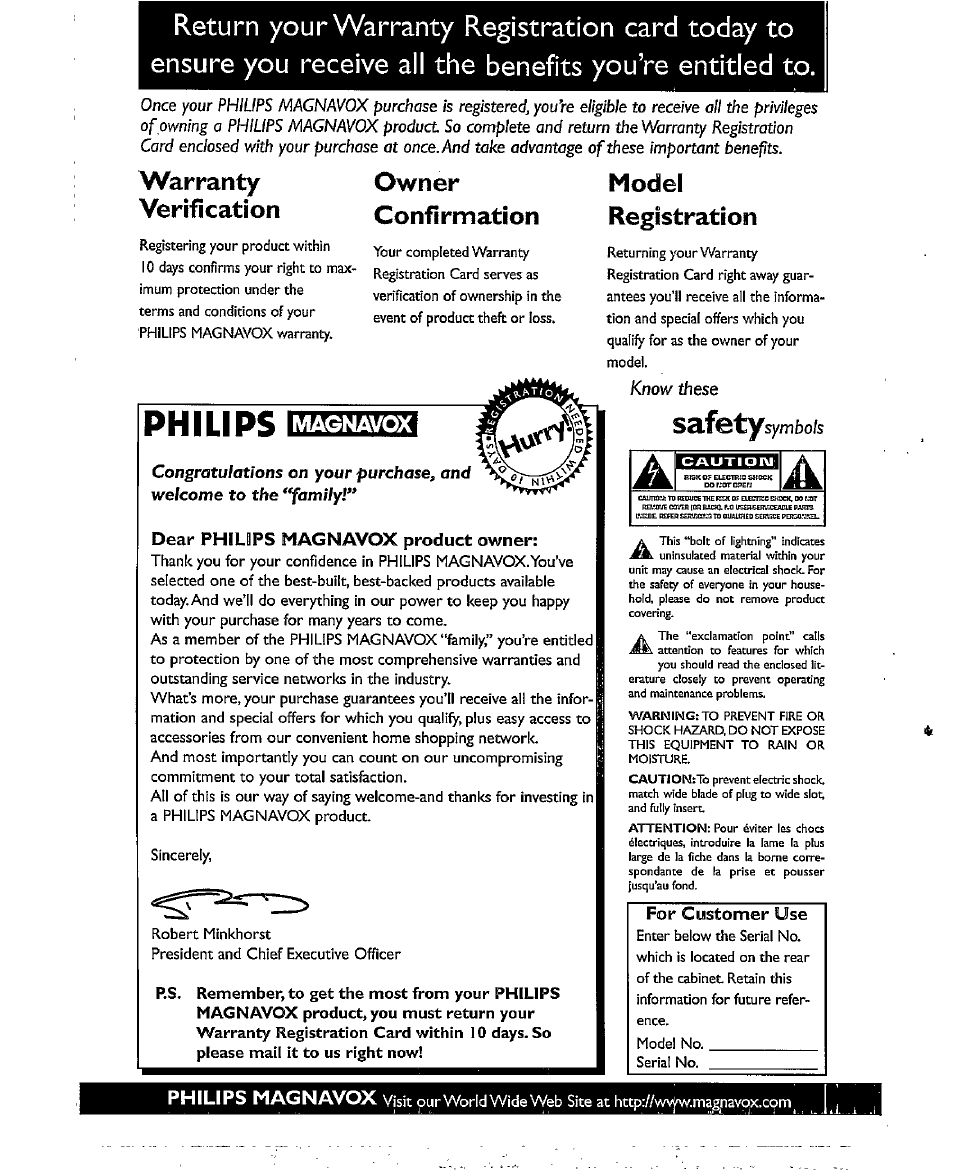 Philips, Warranty verification, Owner confirmation | Magnavox, Model registration | Philips CCX193AT User Manual | Page 2 / 56