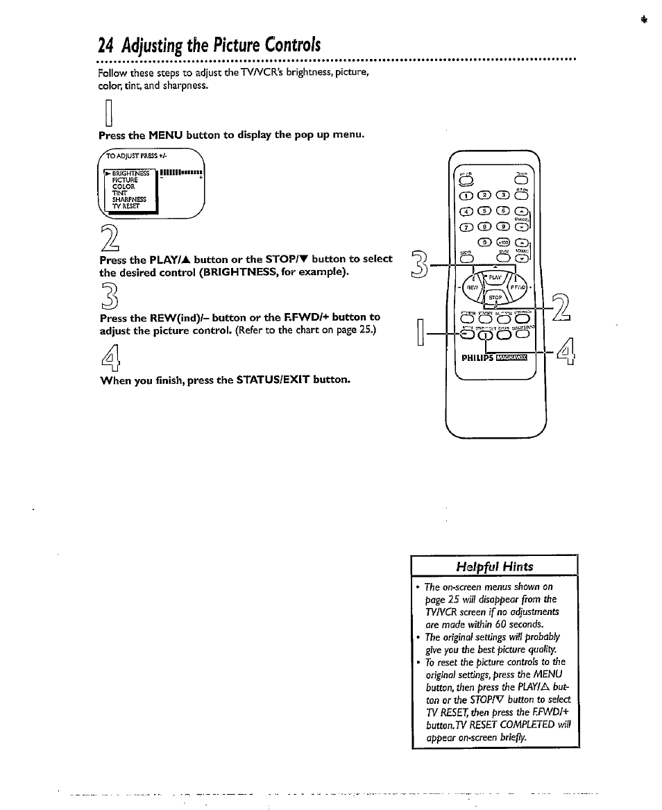 24 adjusting the picture controls, Adjusting the picture controls 4 - 2 5 | Philips CCX193AT User Manual | Page 24 / 56