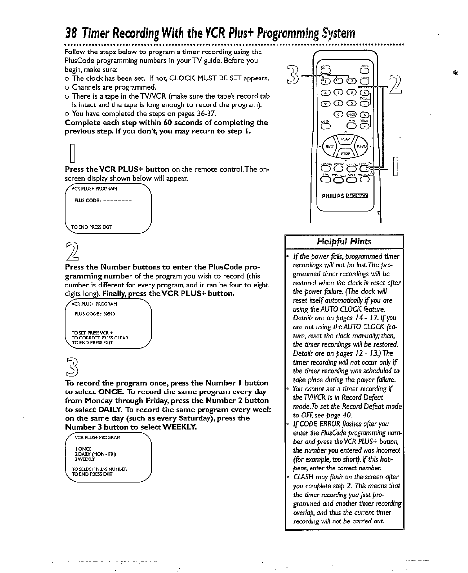 Plus, System, 38 timer recording with the vcr | Programming, Cd cd cd cd cd cd | Philips CCX193AT User Manual | Page 38 / 56