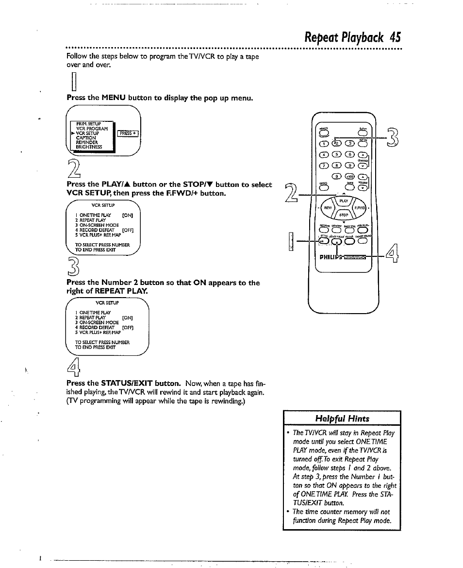 Repeat playback 45, Helpful hints | Philips CCX193AT User Manual | Page 45 / 56