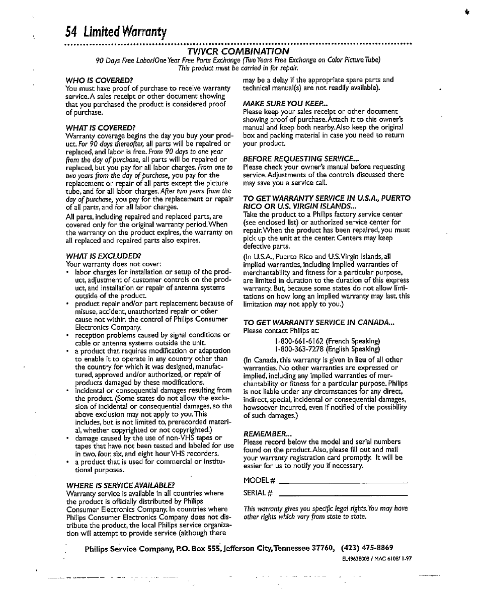 54 limited warranty, V/hhre /sserv/ceava/lable, Limited warranty | Philips CCX193AT User Manual | Page 54 / 56