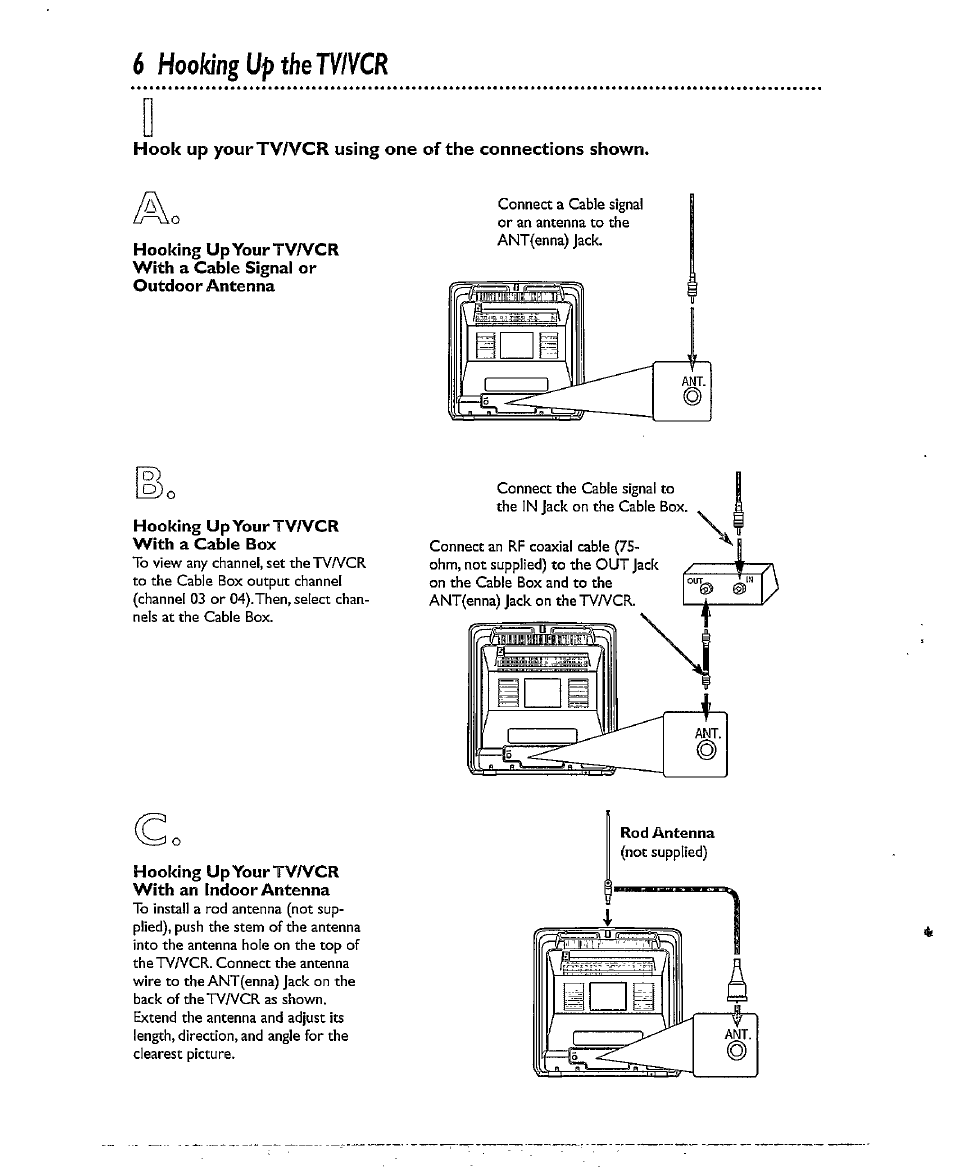 6 hooking up the tv/vcr, Hooking upyourtv/vcr with a cable box, Hooking up your tv/vcr with an indoor antenna | Hooking up thetva^cr -7, 6 hooking, The tv/vcr | Philips CCX193AT User Manual | Page 6 / 56