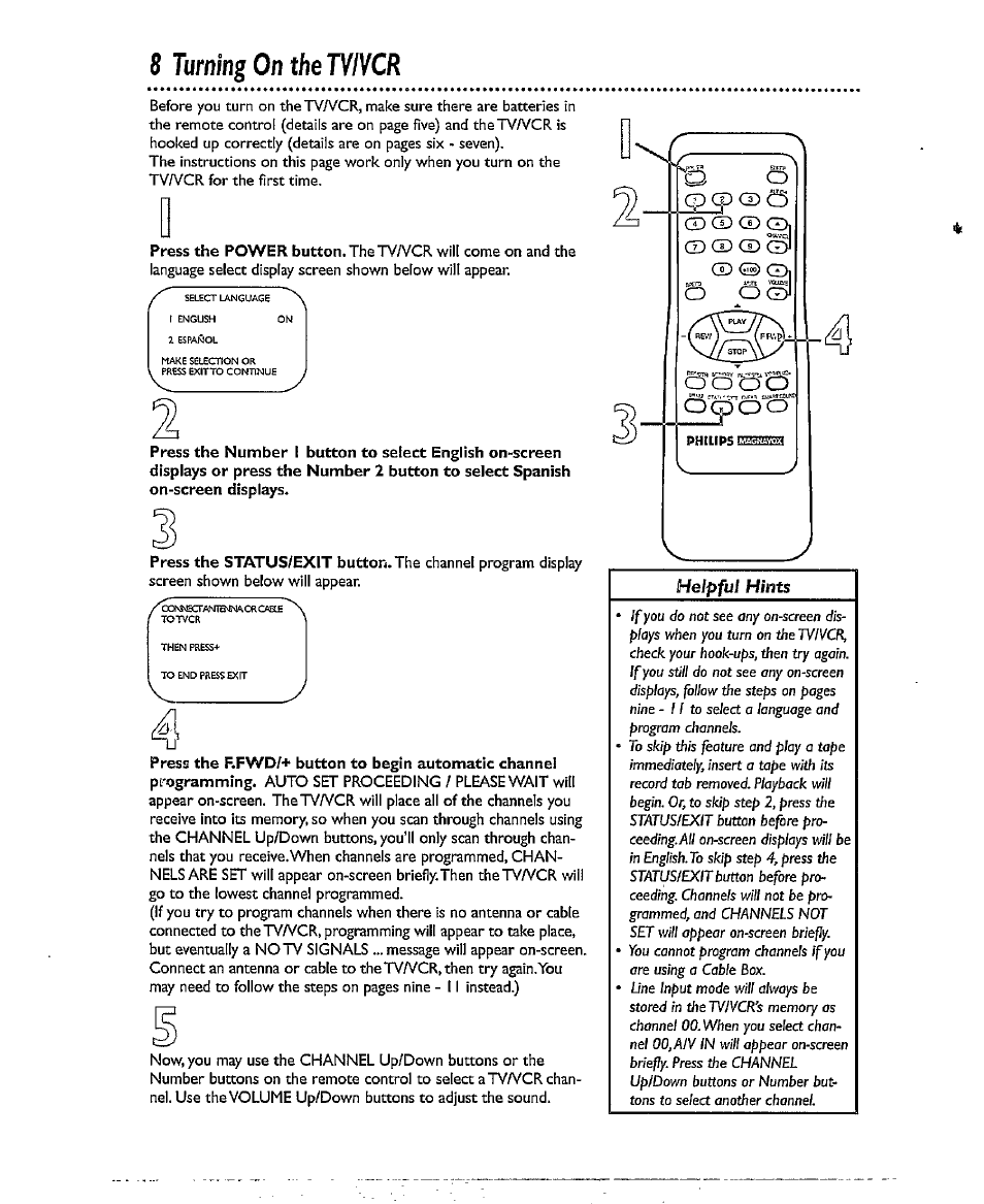 8 turning on the tyivcr, Turning on the tv/vcr | Philips CCX193AT User Manual | Page 8 / 56