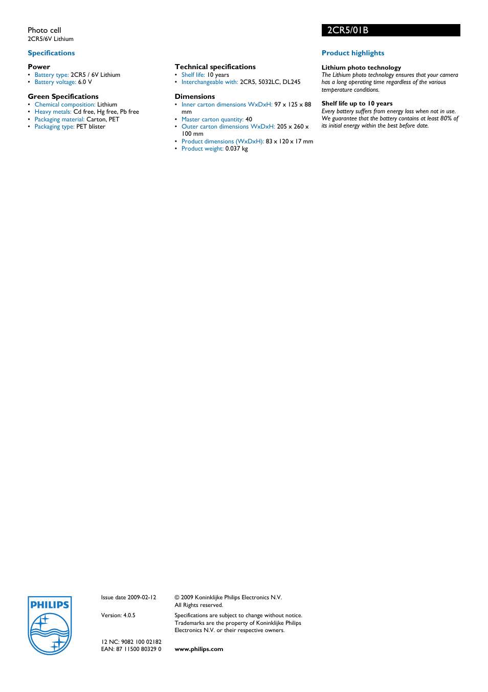 2cr5/01b | Philips Photo Cell 2CR5 User Manual | Page 2 / 2