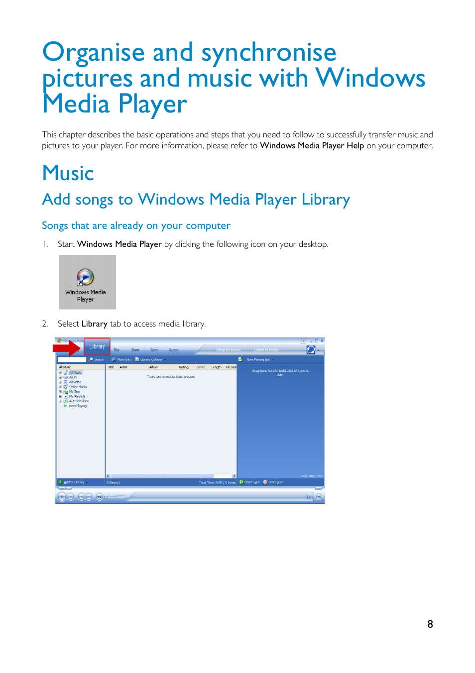 Music, Add songs to windows media player library | Philips GoGear HDD1835 User Manual | Page 13 / 54