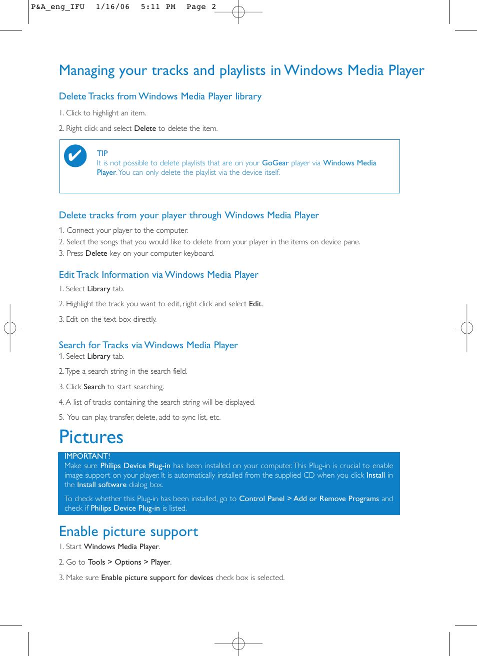Pictures, Enable picture support | Philips GoGear HDD1835 User Manual | Page 21 / 54
