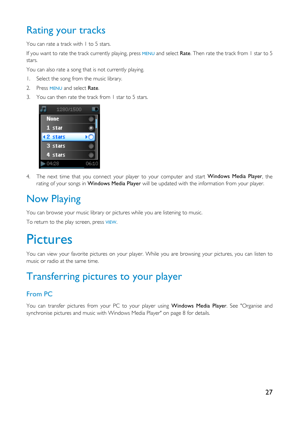 Pictures, Rating your tracks, Now playing | Transferring pictures to your player | Philips GoGear HDD1835 User Manual | Page 32 / 54