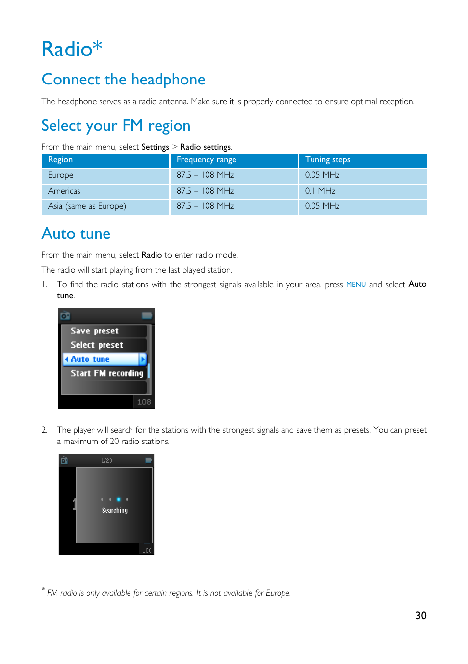 Radio, Connect the headphone, Select your fm region | Auto tune | Philips GoGear HDD1835 User Manual | Page 35 / 54