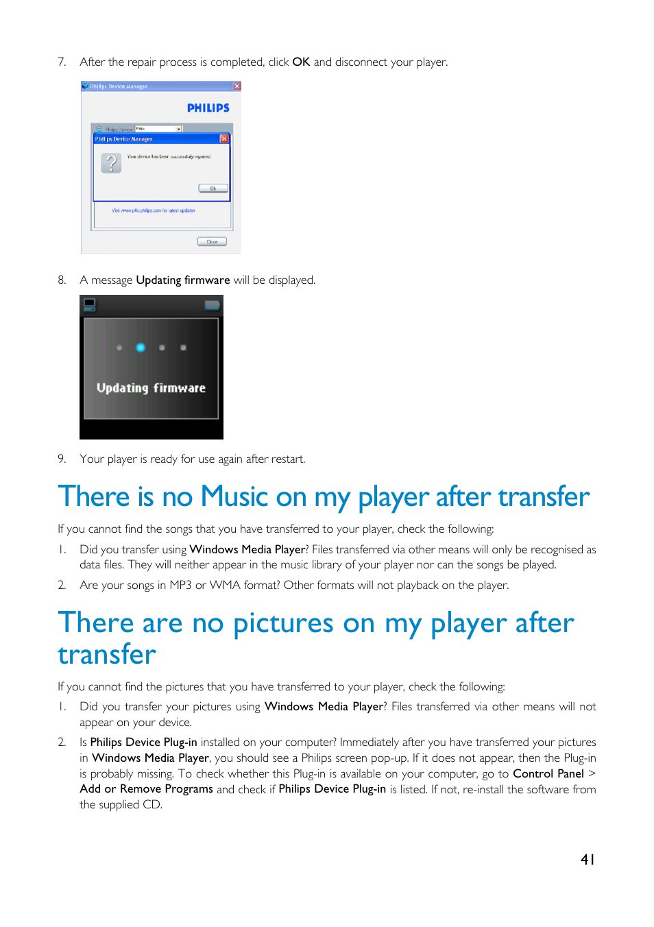 There is no music on my player after transfer, There are no pictures on my player after transfer | Philips GoGear HDD1835 User Manual | Page 46 / 54