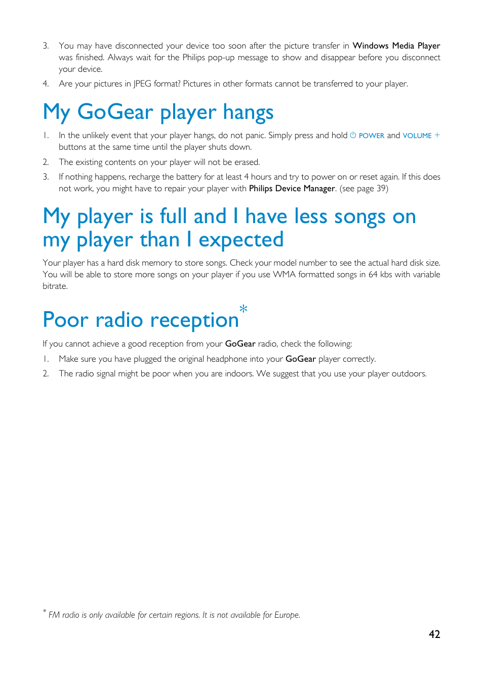 My gogear player hangs, Poor radio reception | Philips GoGear HDD1835 User Manual | Page 47 / 54