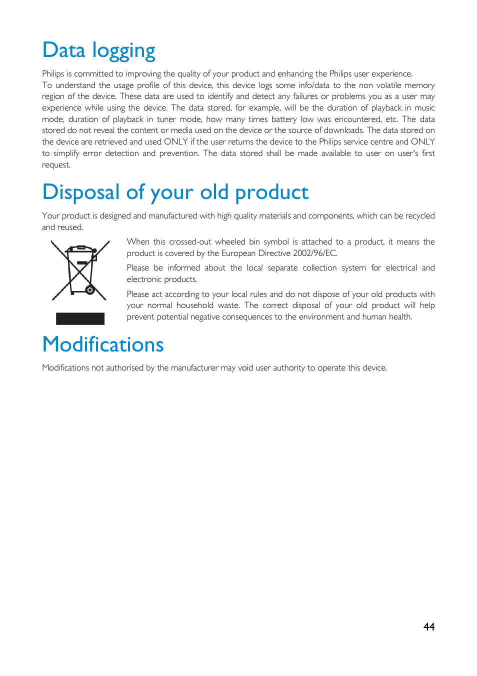 Data logging, Disposal of your old product, Modifications | Philips GoGear HDD1835 User Manual | Page 49 / 54