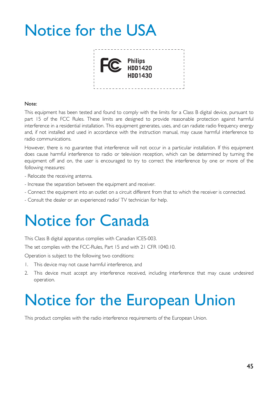 Notice for the usa, Notice for canada, Notice for the european union | Philips GoGear HDD1835 User Manual | Page 50 / 54