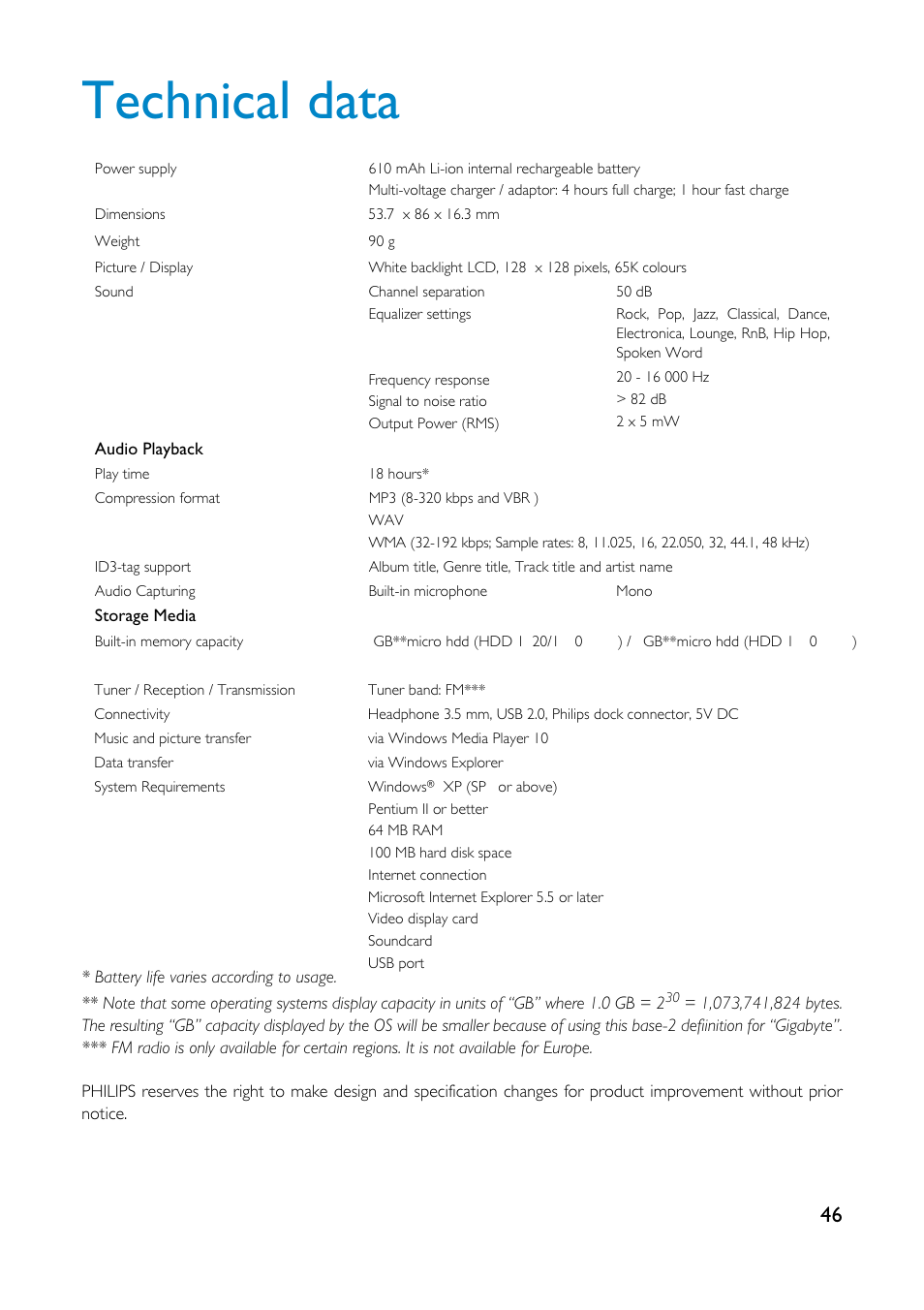 Technical data | Philips GoGear HDD1835 User Manual | Page 51 / 54