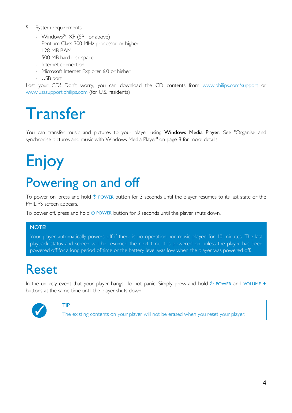 Transfer, Enjoy, Powering on and off | Reset | Philips GoGear HDD1835 User Manual | Page 8 / 54