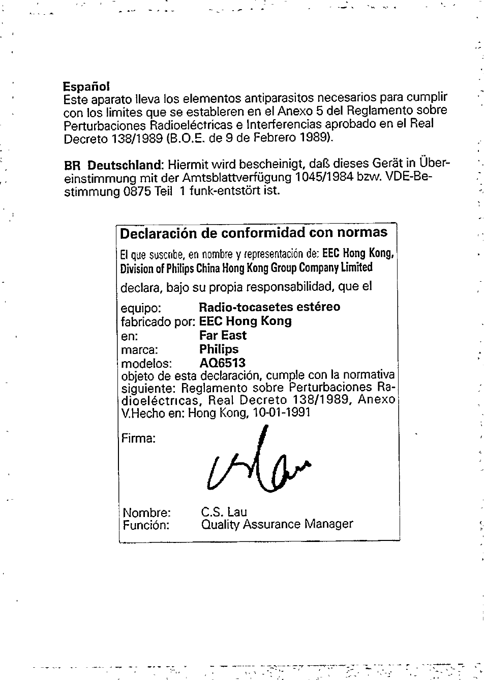 Declaración de conformidad con normas | Philips AQ6513/01 User Manual | Page 8 / 9