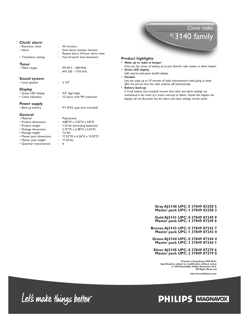 3140 family, Clock radio | Philips AJ3143 User Manual | Page 2 / 2