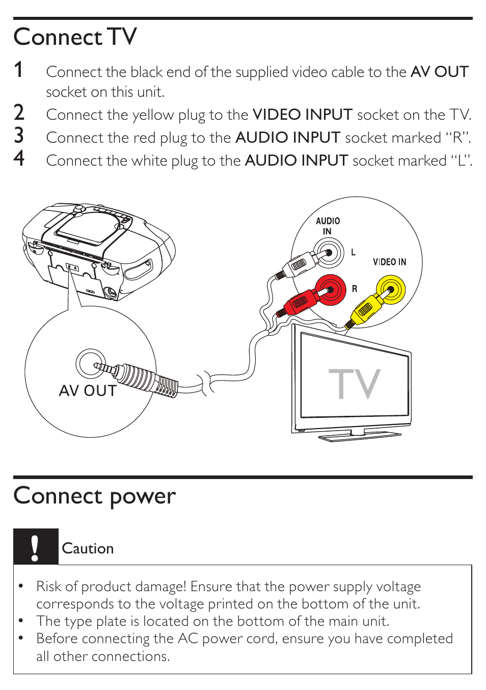 Connect tv, Connect power | Philips AZ5740 User Manual | Page 15 / 31