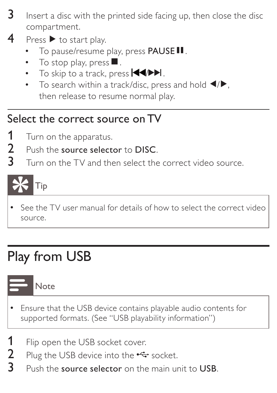 Play from usb, Select the correct source on tv | Philips AZ5740 User Manual | Page 17 / 31