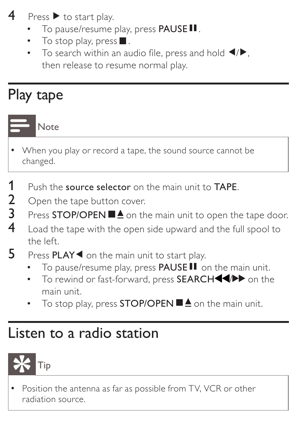 Play tape, Listen to a radio station | Philips AZ5740 User Manual | Page 18 / 31