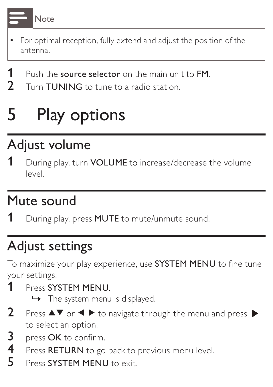 5 play options, Adjust volume, Mute sound | Adjust settings | Philips AZ5740 User Manual | Page 19 / 31