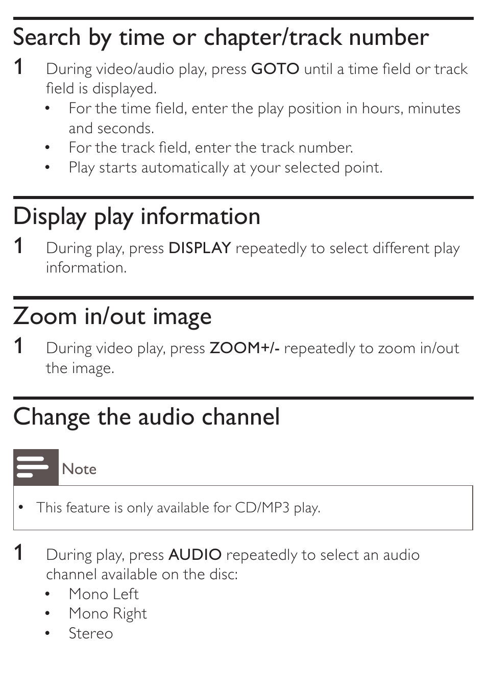 Search by time or chapter/track number, Display play information, Zoom in/out image | Change the audio channel | Philips AZ5740 User Manual | Page 22 / 31