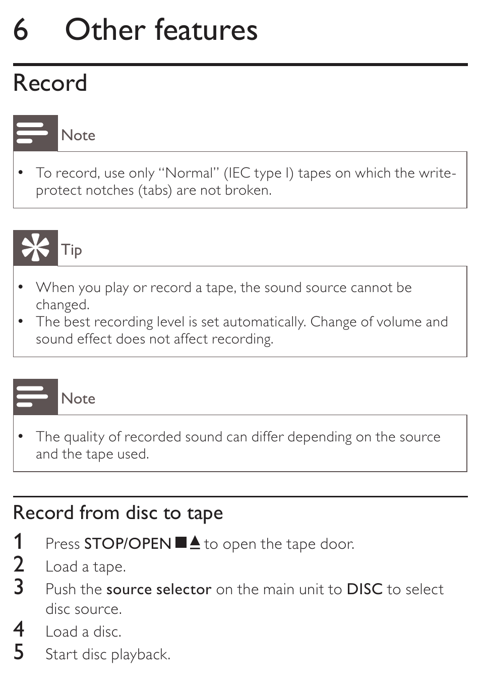 6 other features, Record, Record from disc to tape | Philips AZ5740 User Manual | Page 23 / 31