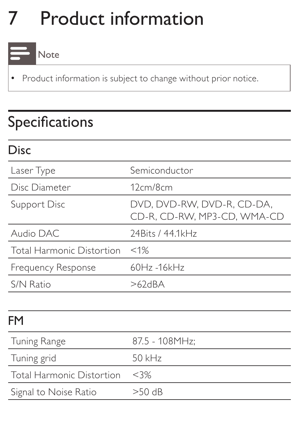 7 product information, Specifications, Disc | Philips AZ5740 User Manual | Page 25 / 31