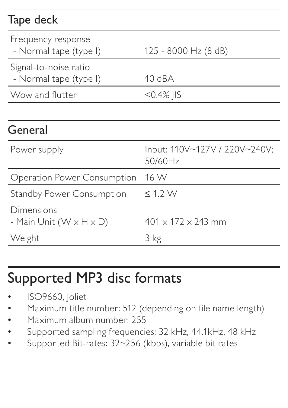 Supported mp3 disc formats, Tape deck, General | Philips AZ5740 User Manual | Page 26 / 31