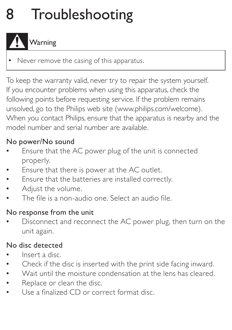 8 troubleshooting | Philips AZ5740 User Manual | Page 29 / 31