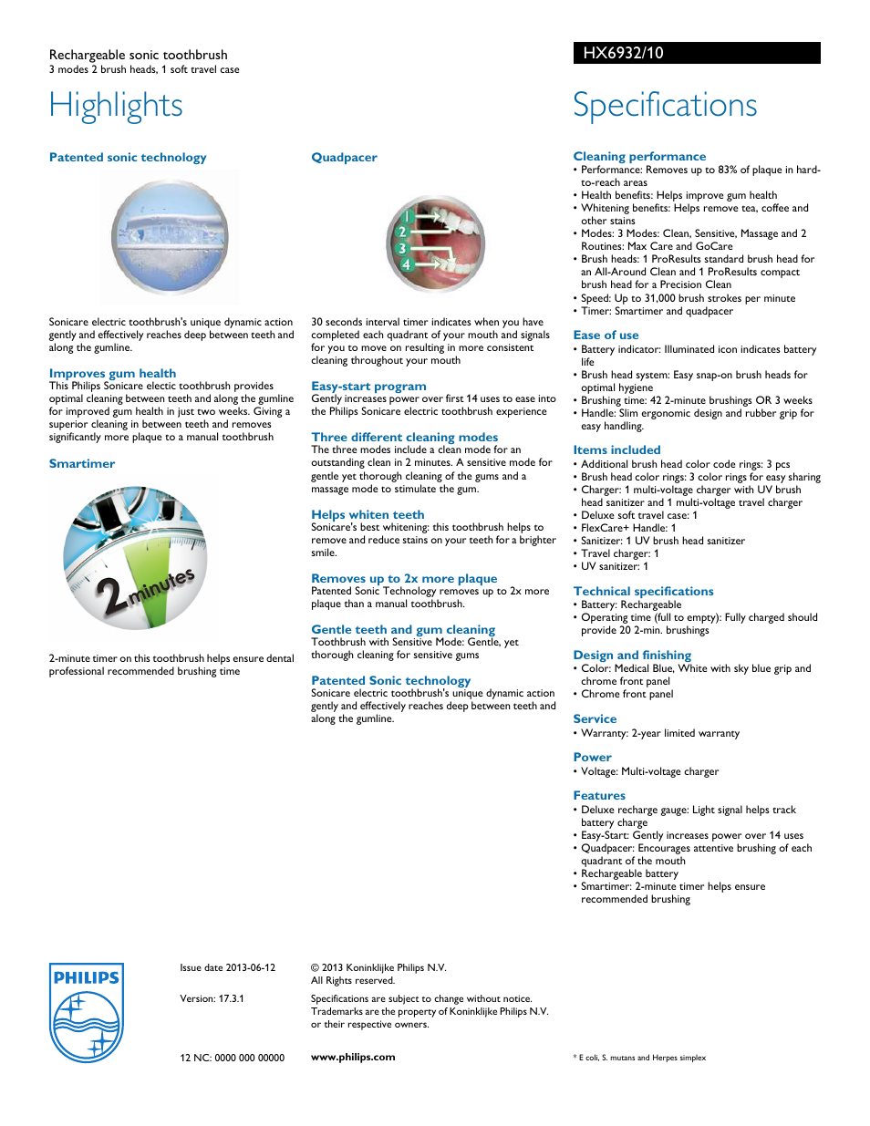 Highlights, Specifications | Philips FlexCare HX6932 User Manual | Page 2 / 2