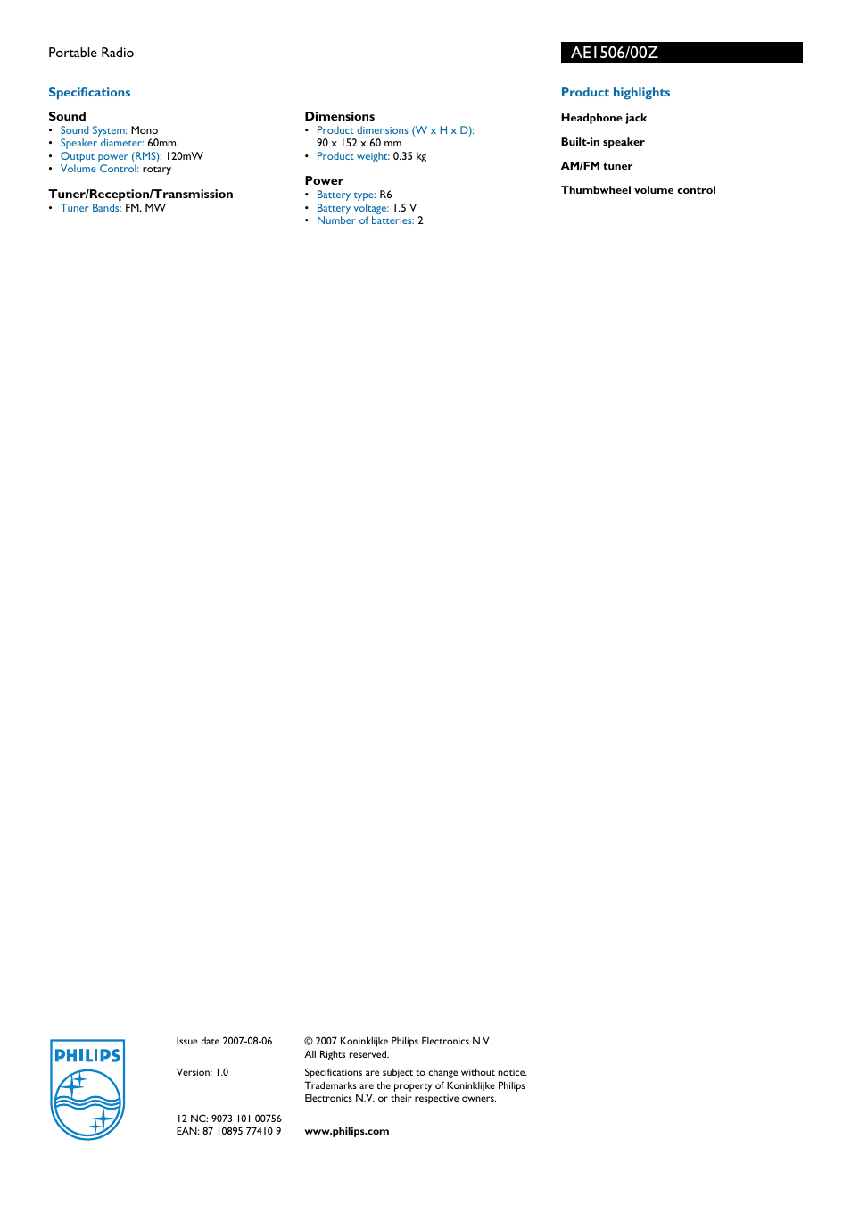 Specifications, Sound, Tuner/reception/t ransmission | Dimensions, Power, Philips | Philips AEI506 User Manual | Page 2 / 2