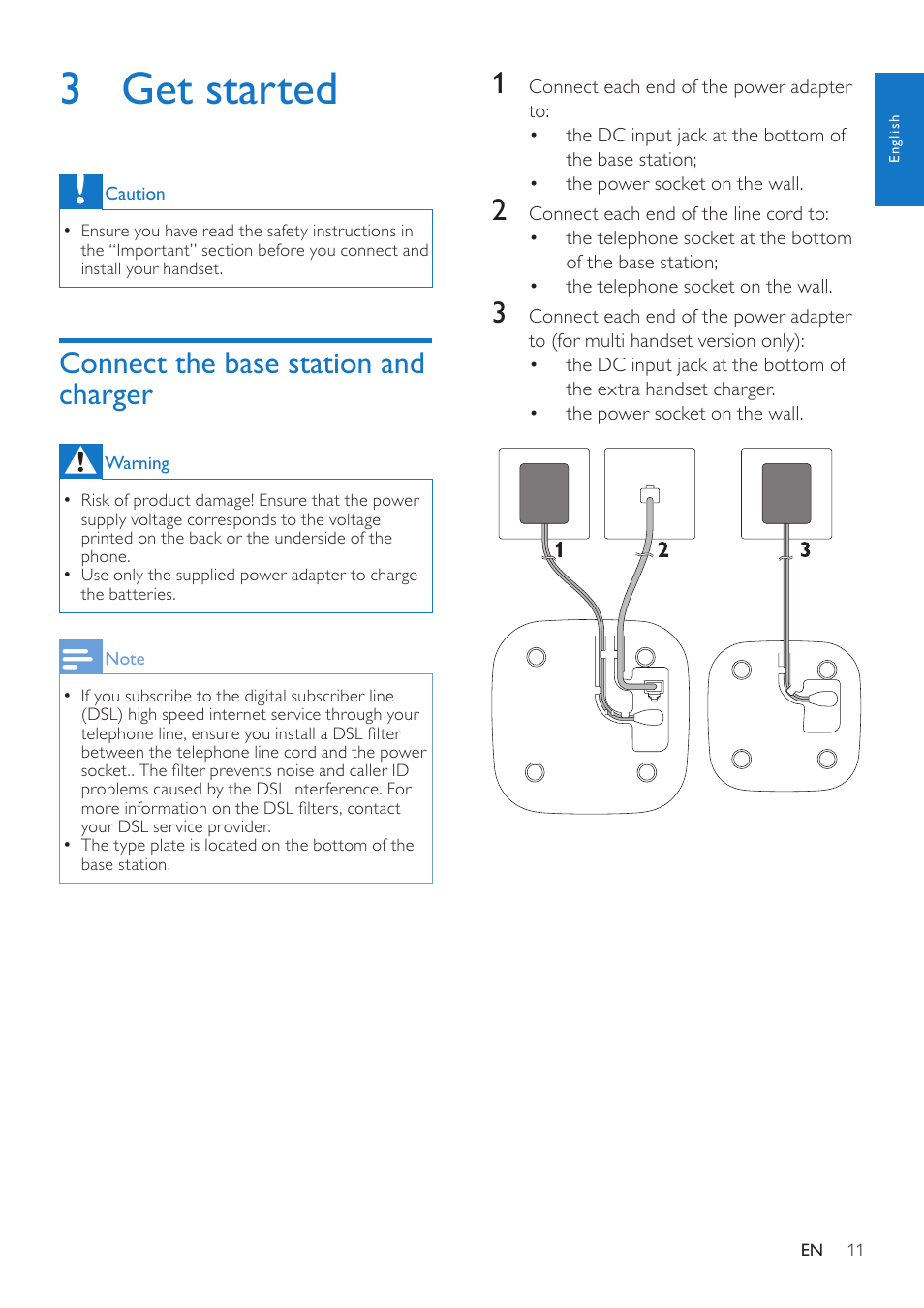 3 get started, Connect the base station and charger, Connect the base station and charger 11 | Philips CD485 User Manual | Page 11 / 48