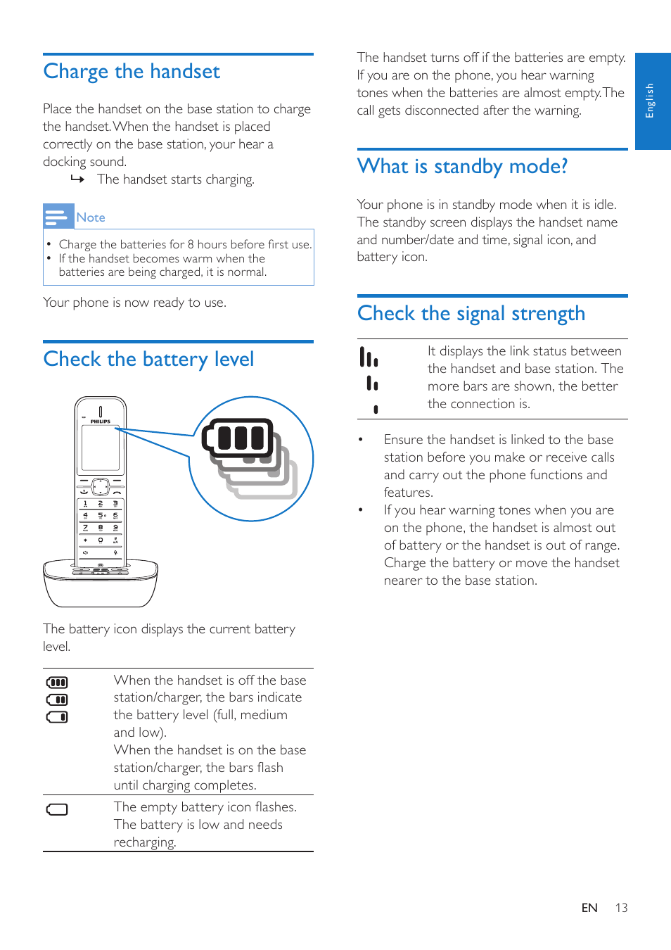 Charge the handset, Check the battery level, What is standby mode | Check the signal strength | Philips CD485 User Manual | Page 13 / 48