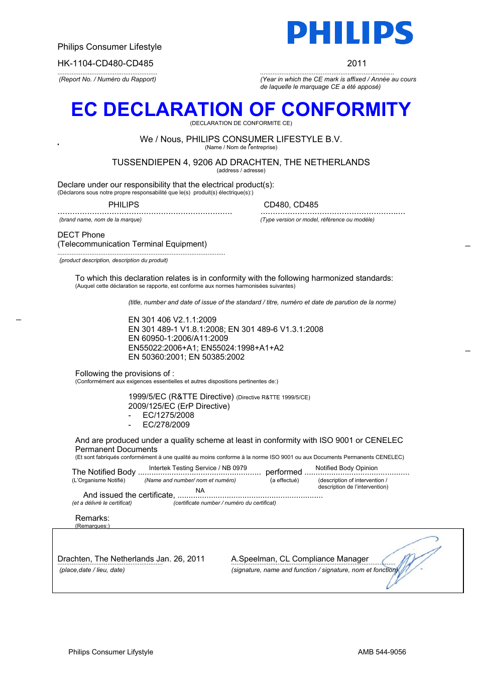 Ec declaration of conformity | Philips CD485 User Manual | Page 2 / 48